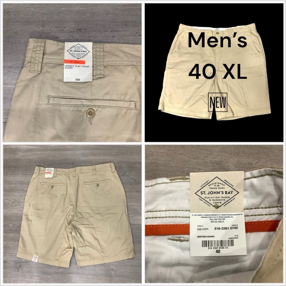 Men's St. John’s Bay 40 XL Chino Khakis Shorts Khaki Flat Front Cotton Twill NWT